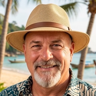 Sam Bishop on a beach in a straw hat